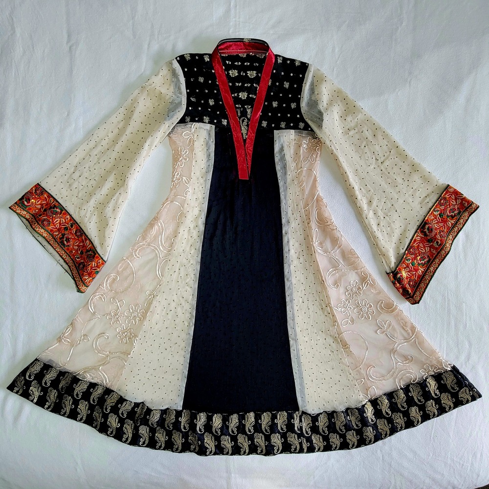 Embroidered Sheer Anarkali-style Dress Black Cream Women's S Bohemian Romantic